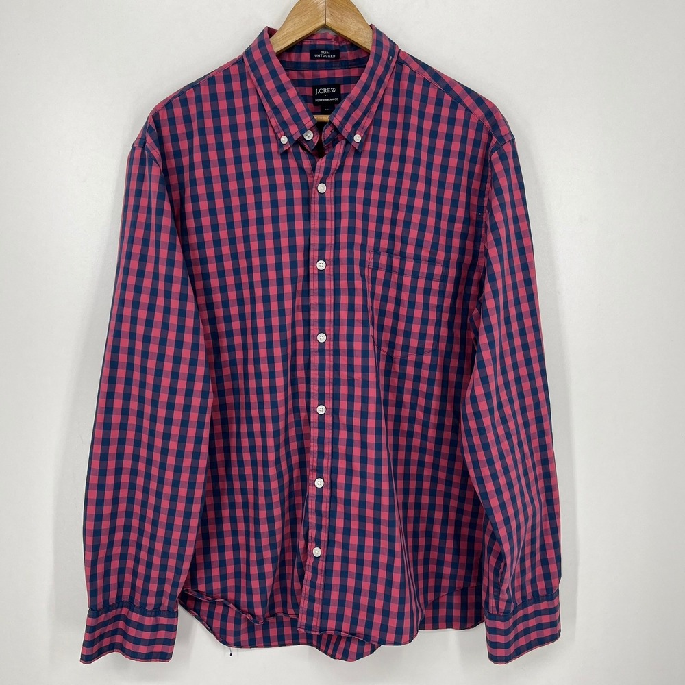 J.Crew Performance‎ Slim Untucked Shirt Mens XL Pink Navy Blue Gingham Check